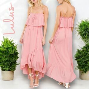 LULUS Women’s Sincerely Yours Blush Pink Ruffled Midi Dress in the Size Small
